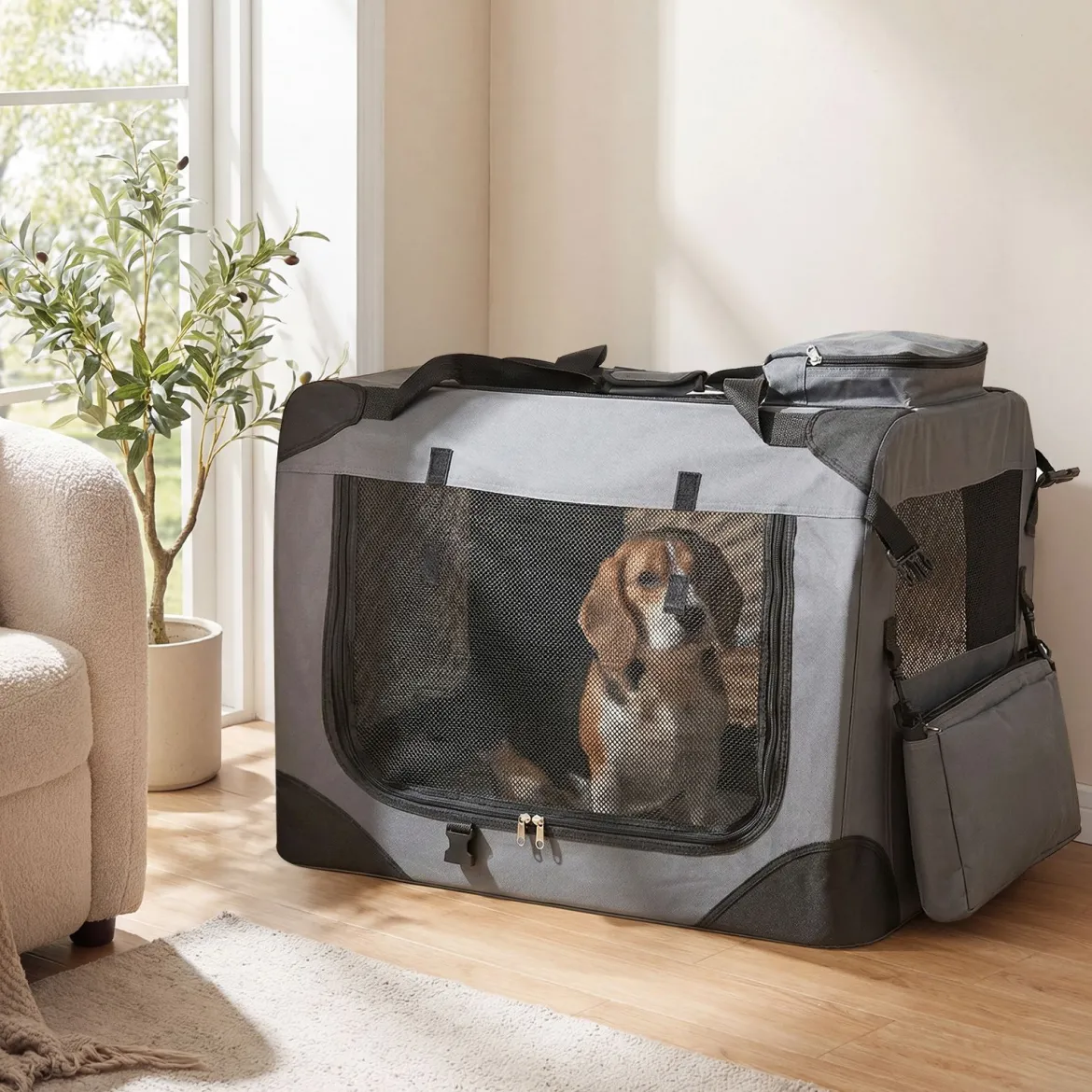 Hundebox Faltbar Tragbare Hundetransportbox mit Netzfenstern 3 Türen Tragegriffen M