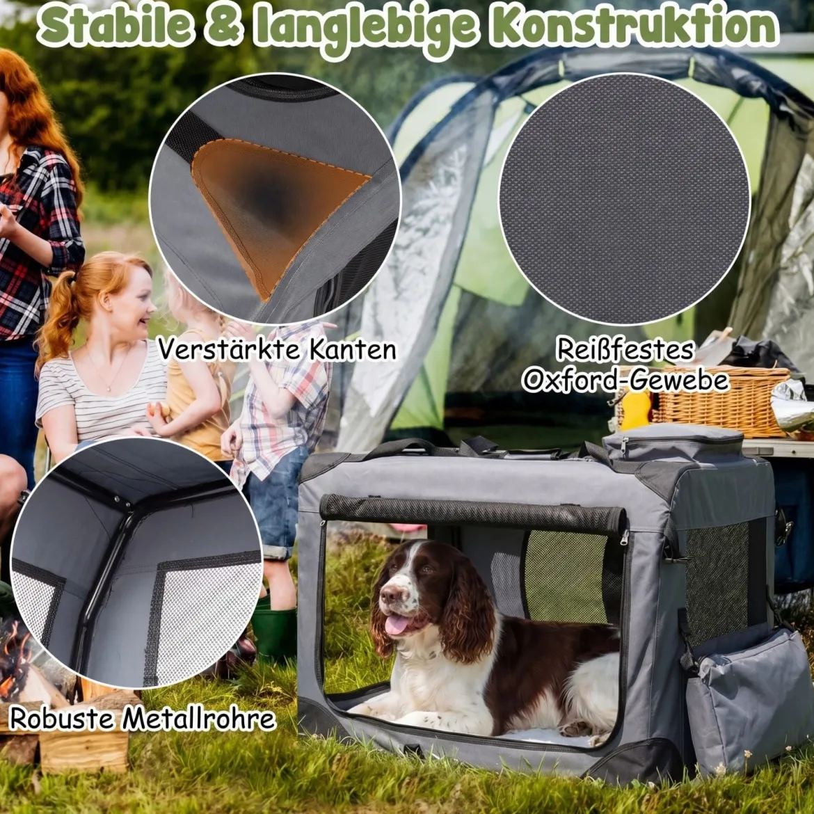 Hundebox Faltbar Tragbare Hundetransportbox mit Netzfenstern 3 Türen Tragegriffen M