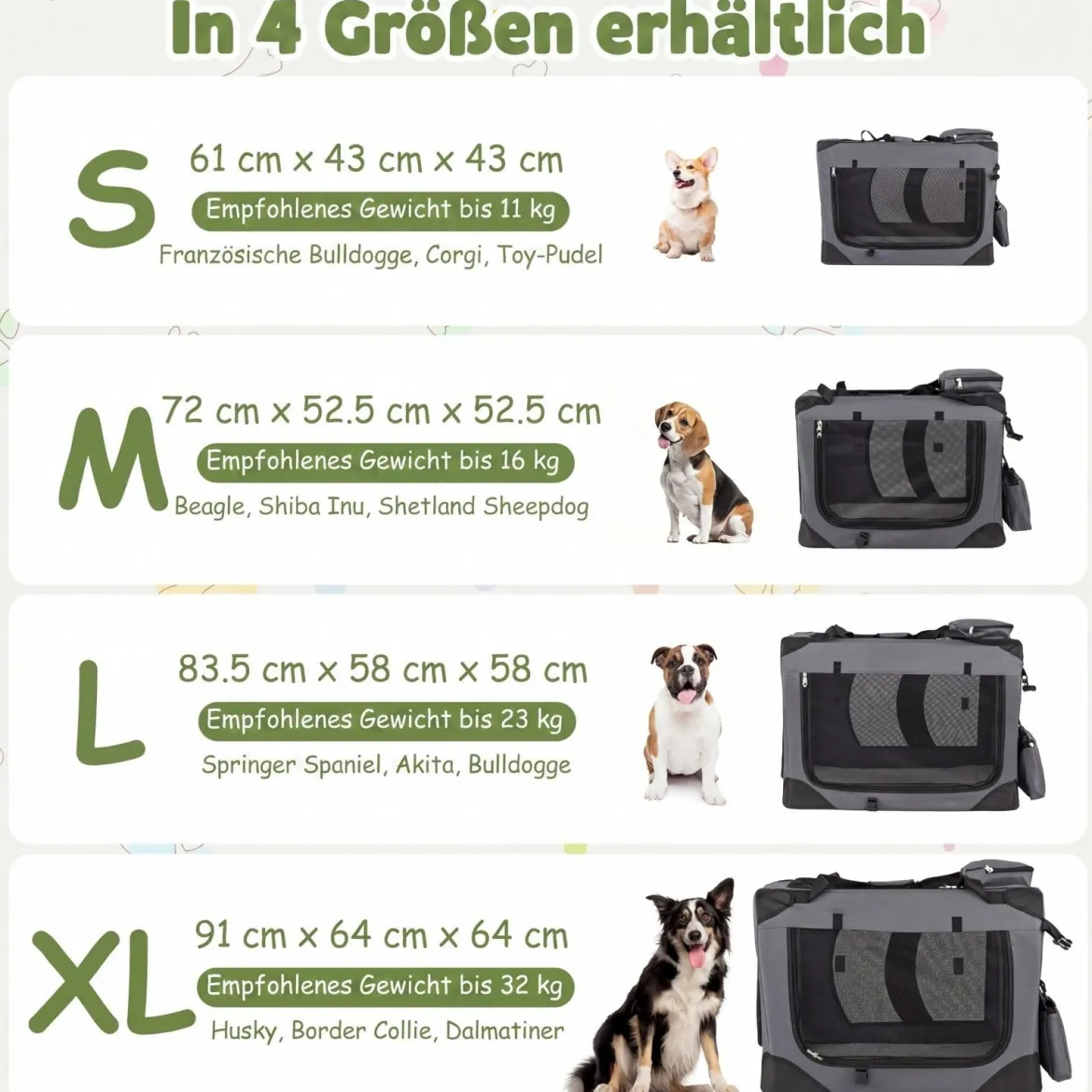 Hundebox Faltbar Tragbare Hundetransportbox mit Netzfenstern 3 Türen Tragegriffen M
