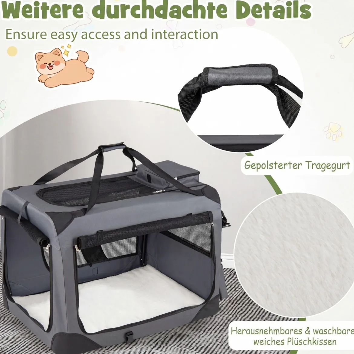 Hundebox Faltbar Tragbare Hundetransportbox mit Netzfenstern 3 Türen Tragegriffen M