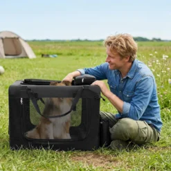 Hundebox Faltbar Tragbare Hundetransportbox mit Netzfenstern 3 Türen Tragegriffen M