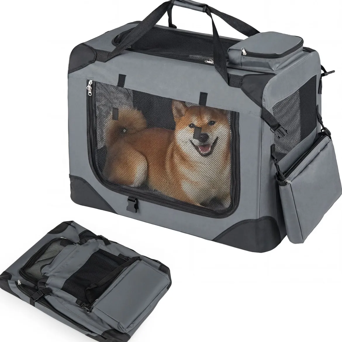 Hundebox Faltbar Tragbare Hundetransportbox mit Netzfenstern 3 Türen Tragegriffen M