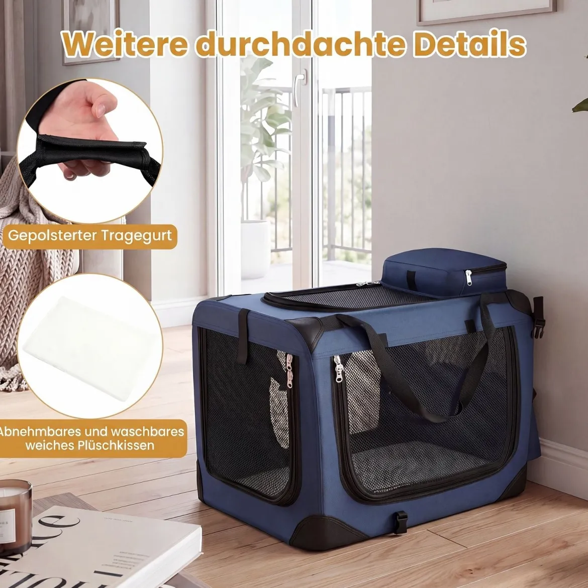 Hundebox Faltbar Tragbare Hundetransportbox mit Netzfenstern 3 Türen Abnehmbarem Polster S