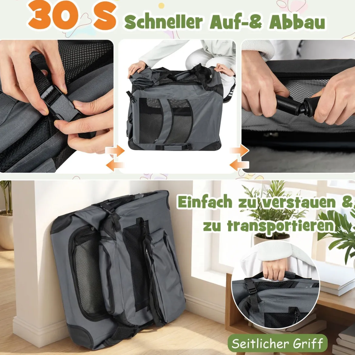 Hundebox Faltbar Tragbare Hundetransportbox mit Netzfenstern 3 Türen Abnehmbarem Polster S
