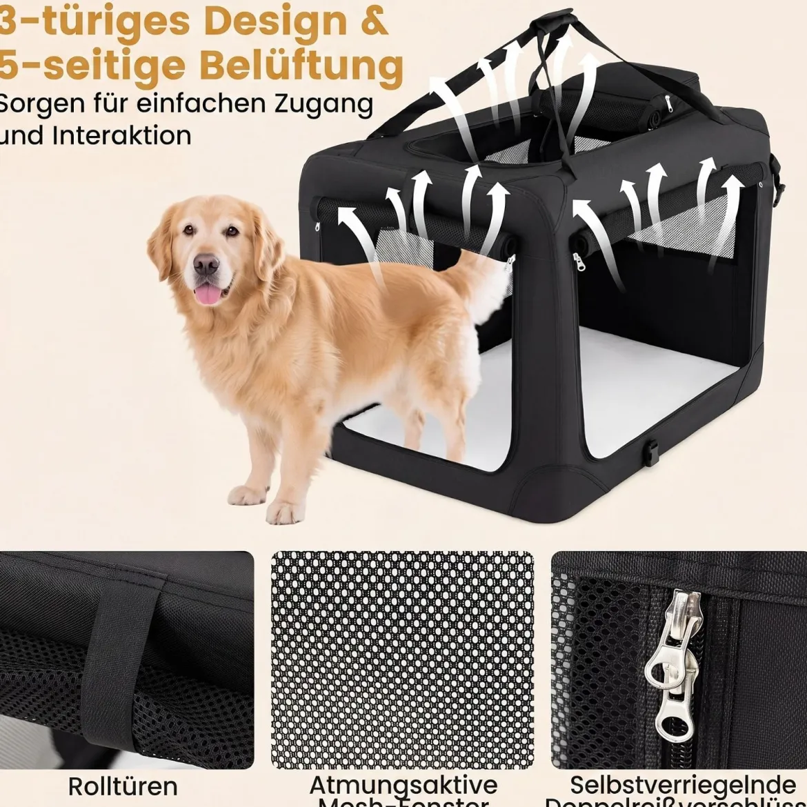 Hundebox Faltbar Tragbare Hundetransportbox mit Netzfenstern 3 Türen für Hunde und Katzen L