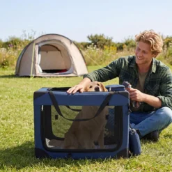 Hundebox Faltbar Tragbare Hundetransportbox mit Netzfenstern 3 Türen für Hunde und Katzen L