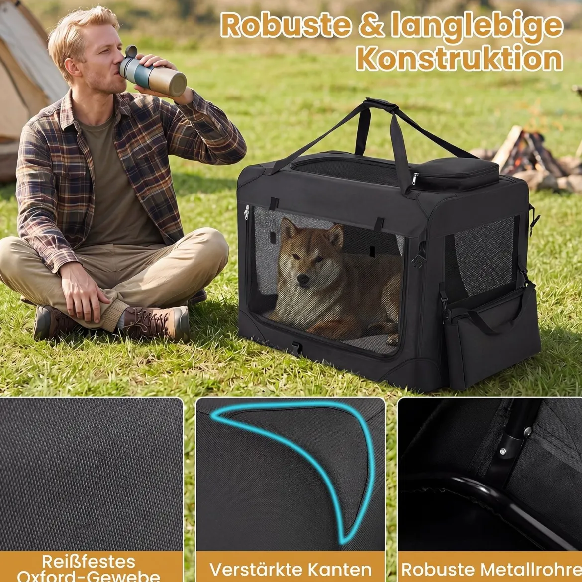 Hundebox Faltbar Tragbare Hundetransportbox mit Netzfenstern 3 Türen für Hunde und Katzen L