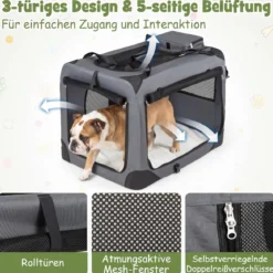 Hundebox Faltbar Tragbare Hundetransportbox mit Netzfenstern 3 Türen für Hunde und Katzen L