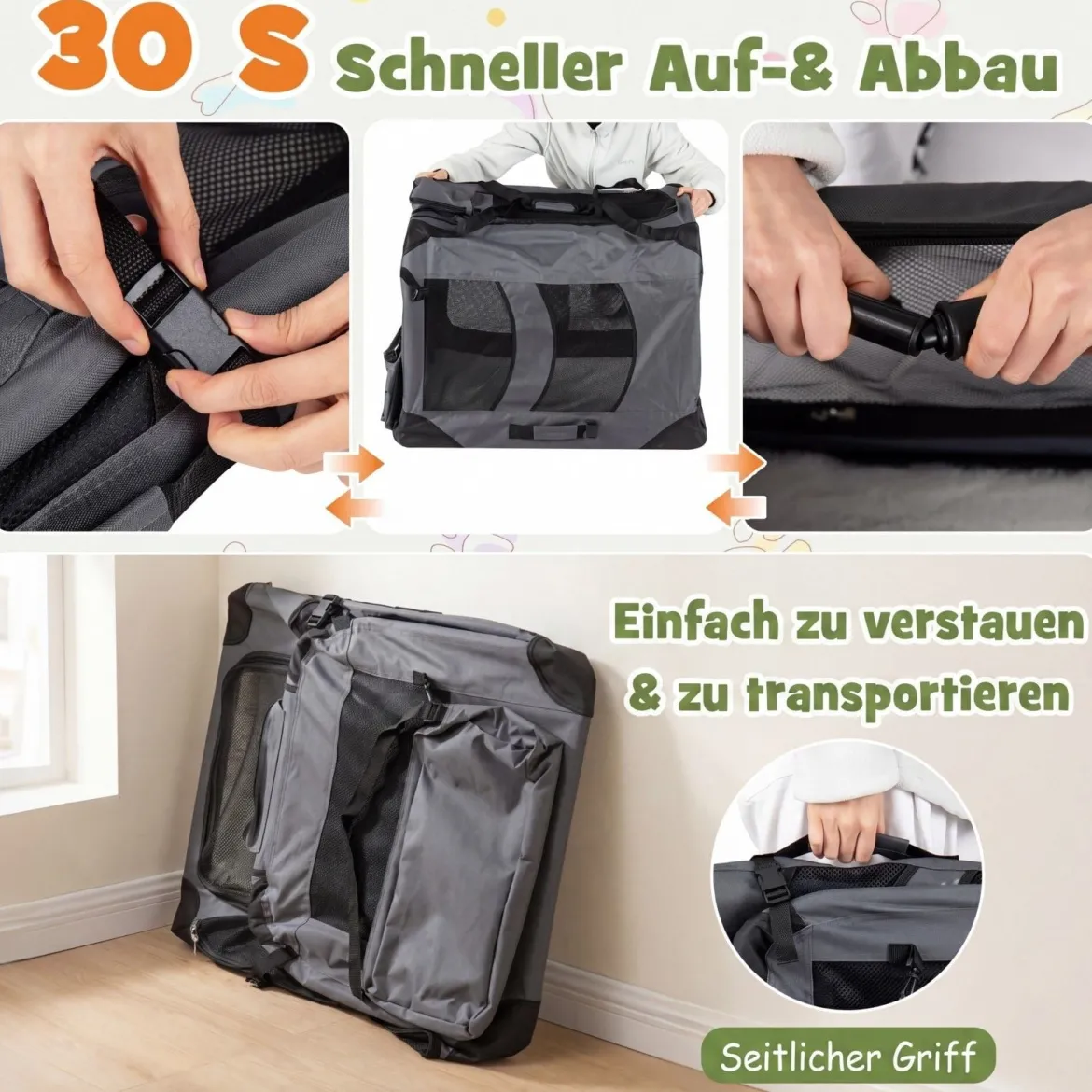Hundebox Faltbar Tragbare Hundetransportbox mit Netzfenstern 3 Türen für Hunde und Katzen L