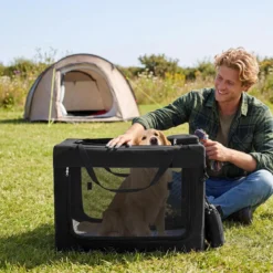 Hundebox Faltbar Tragbare Hundetransportbox mit Netzfenstern 3 Türen für Hunde und Katzen L