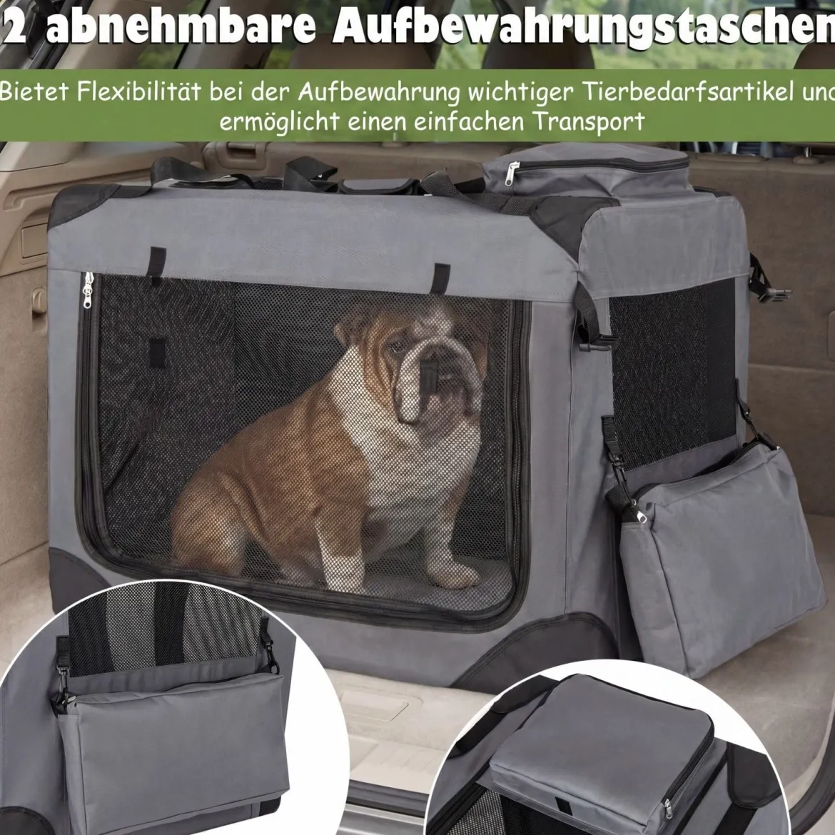 Hundebox Faltbar Tragbare Hundetransportbox mit Netzfenstern 3 Türen für Hunde und Katzen L
