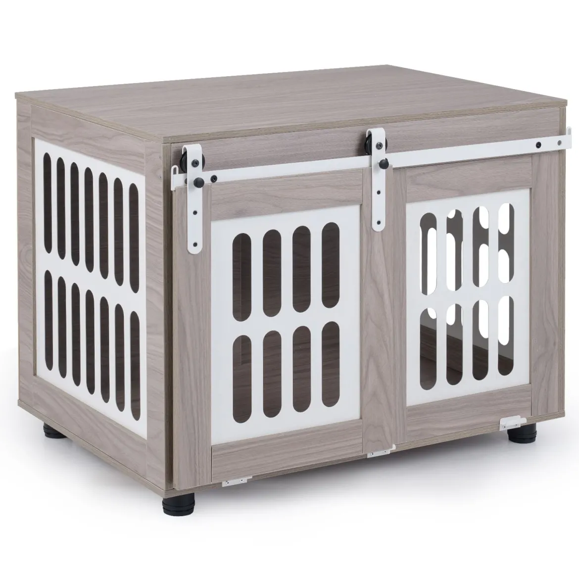 Hundebox mit Abschließbarer Schiebetür & 2 Seitlichen Fenstern Hundehaus & Beistelltisch Grau
