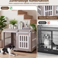 Hundebox mit Abschließbarer Schiebetür & 2 Seitlichen Fenstern Hundehaus & Beistelltisch Grau