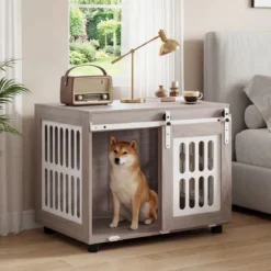 Hundebox mit Abschließbarer Schiebetür & 2 Seitlichen Fenstern Hundehaus & Beistelltisch Grau