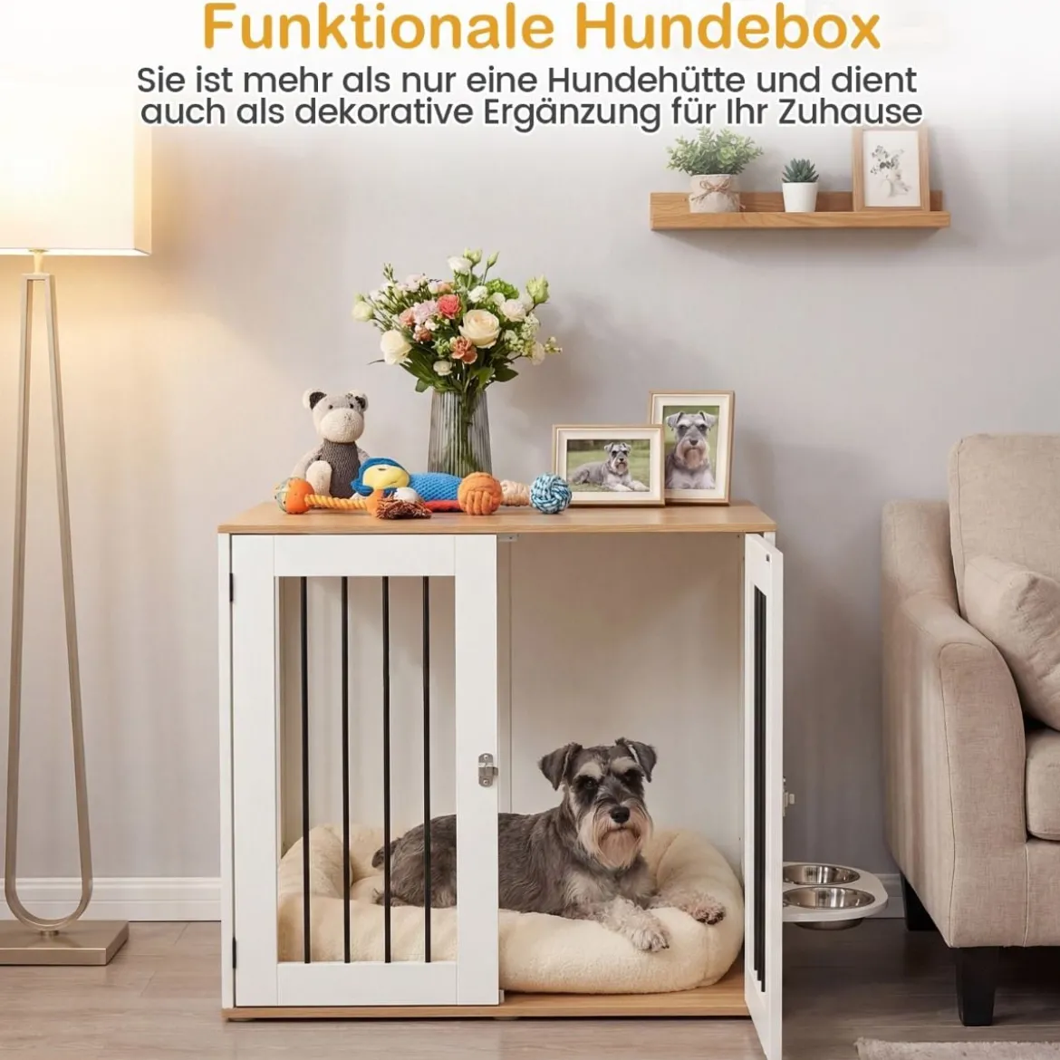Hundebox mit 360° Drehbaren Futternäpfen & Abschließbarer Tür Hundekäfig Beistelltisch Weiß