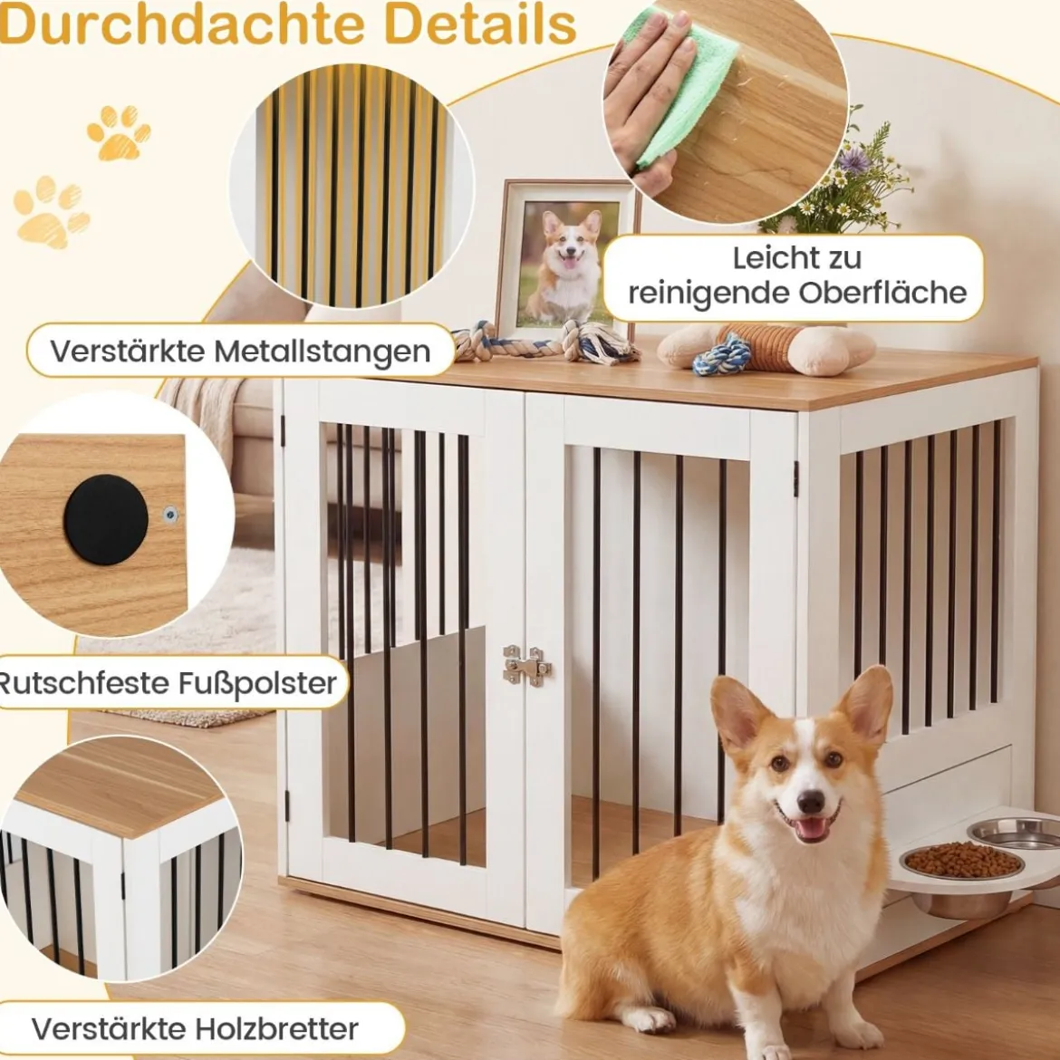 Hundebox mit 360° Drehbaren Futternäpfen & Abschließbarer Tür Hundekäfig Beistelltisch Weiß