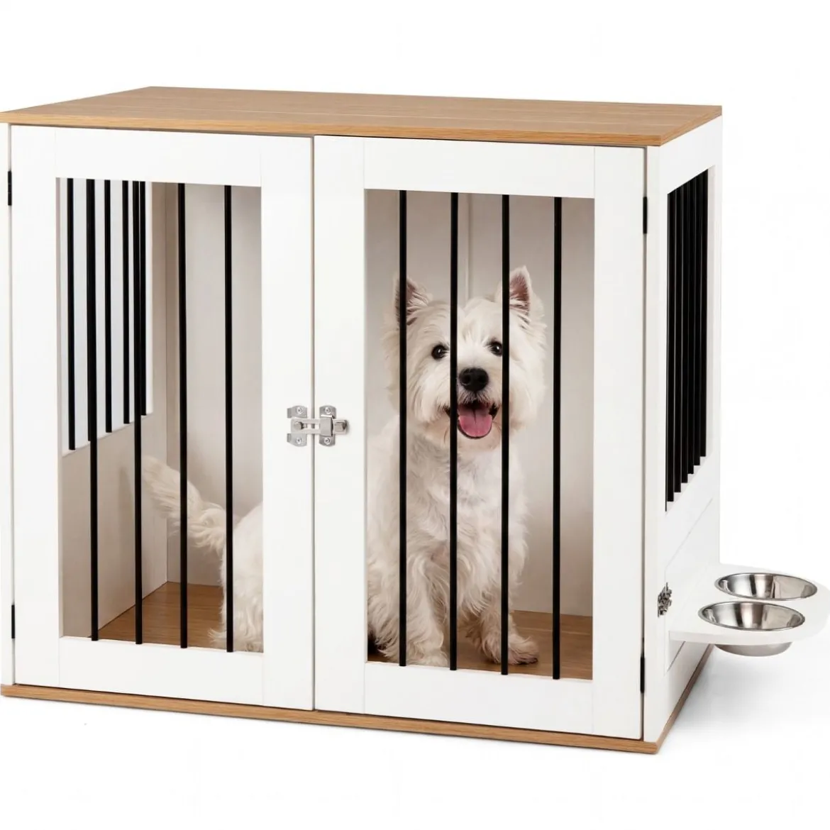 Hundebox mit 360° Drehbaren Futternäpfen & Abschließbarer Tür Hundekäfig Beistelltisch Weiß