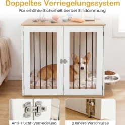 Hundebox mit 360° Drehbaren Futternäpfen & Abschließbarer Tür Hundekäfig Beistelltisch Weiß