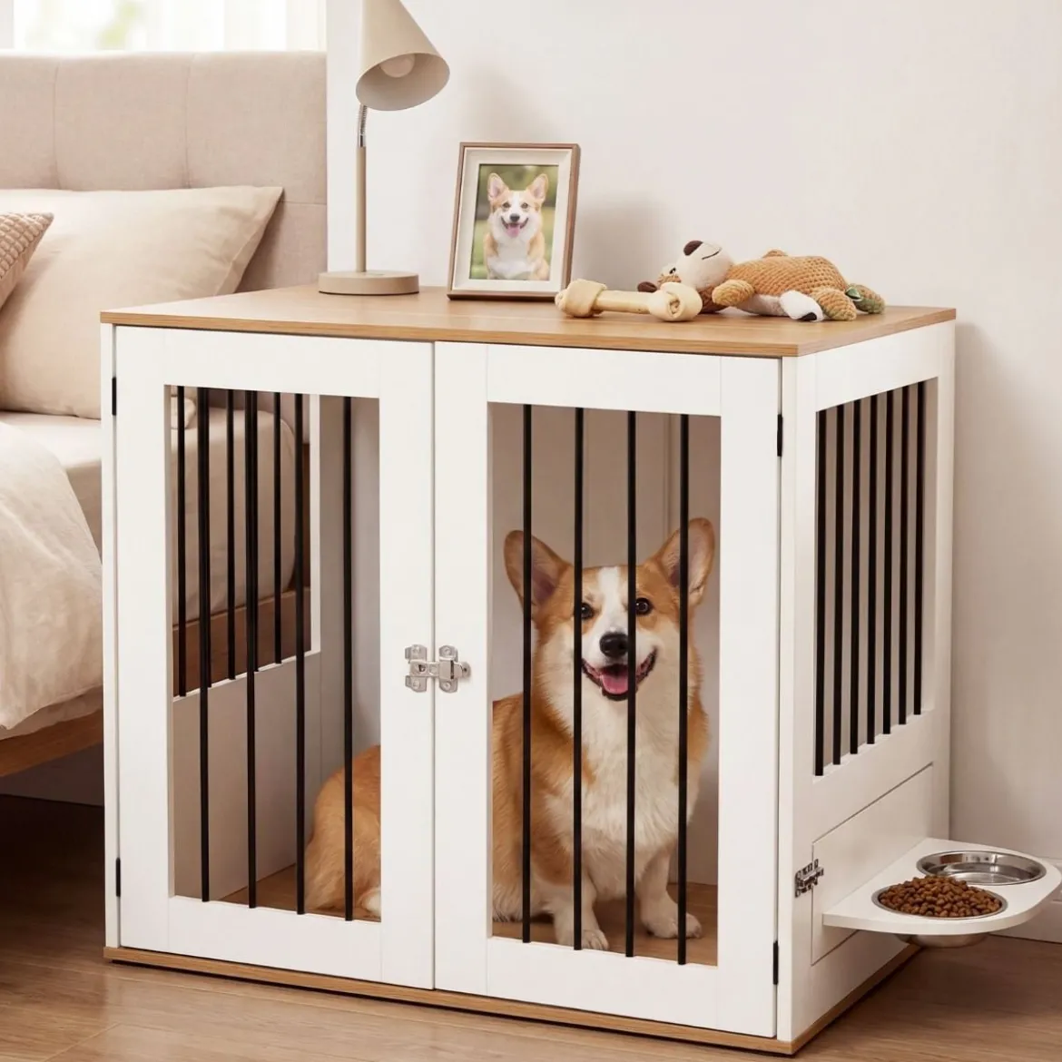 Hundebox mit 360° Drehbaren Futternäpfen & Abschließbarer Tür Hundekäfig Beistelltisch Weiß
