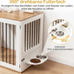 Hundebox mit 360° Drehbaren Futternäpfen & Abschließbarer Tür Hundekäfig Beistelltisch Weiß