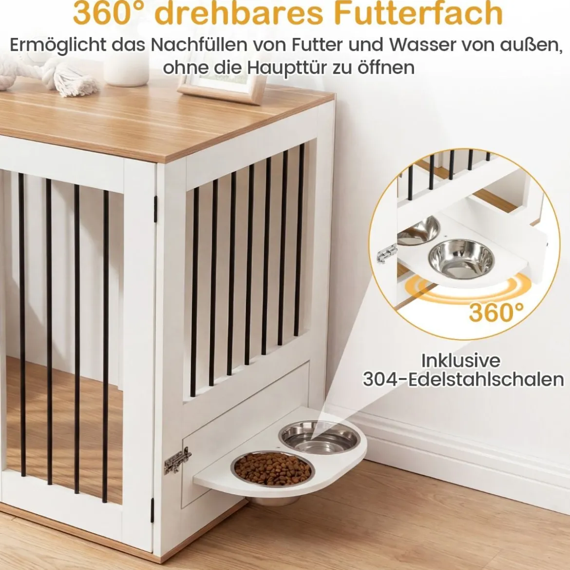 Hundebox mit 360° Drehbaren Futternäpfen & Abschließbarer Tür Hundekäfig Beistelltisch Weiß