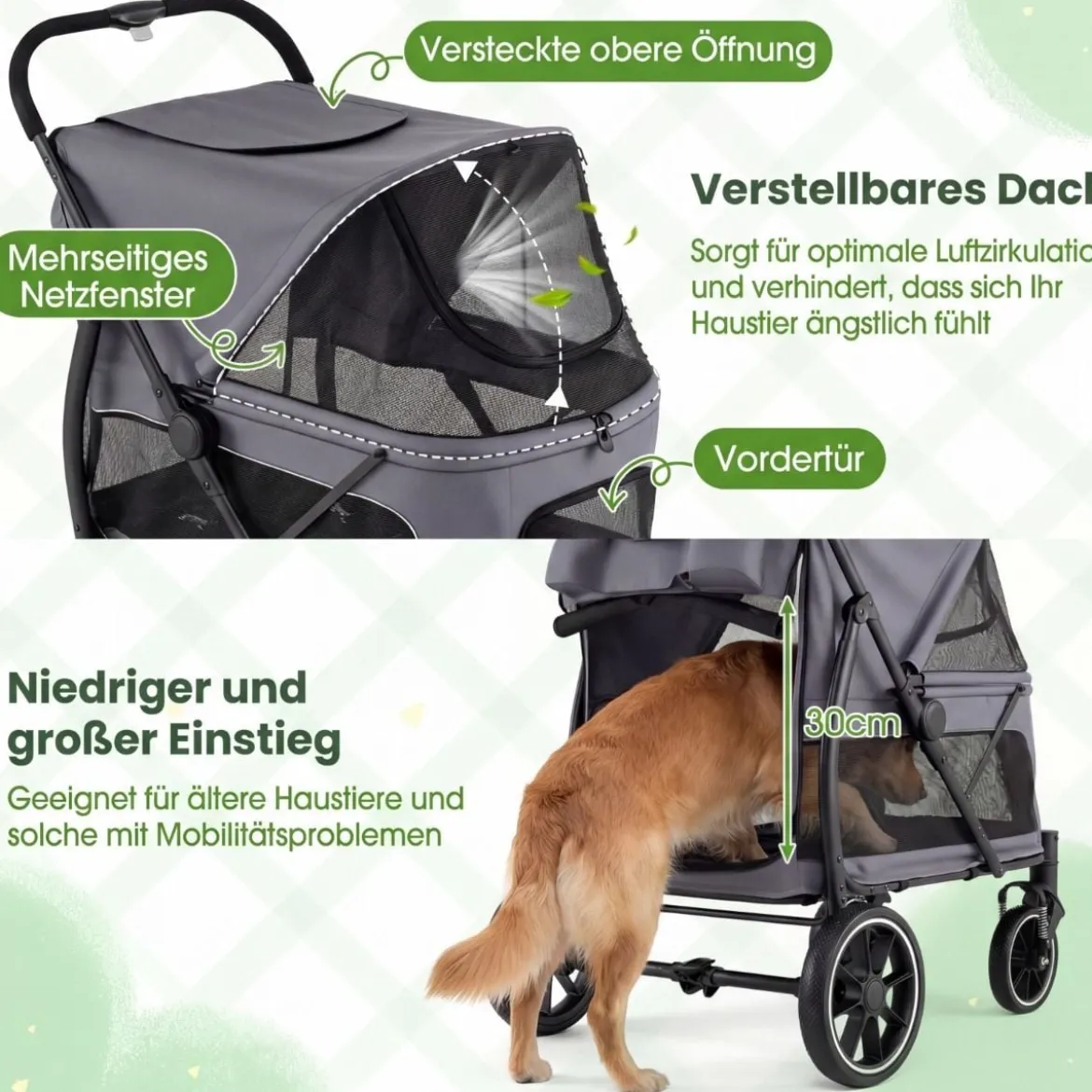 Hundebuggy faltbarer Hundewagen mit Geländereifen niedrigem Einstieg Grau