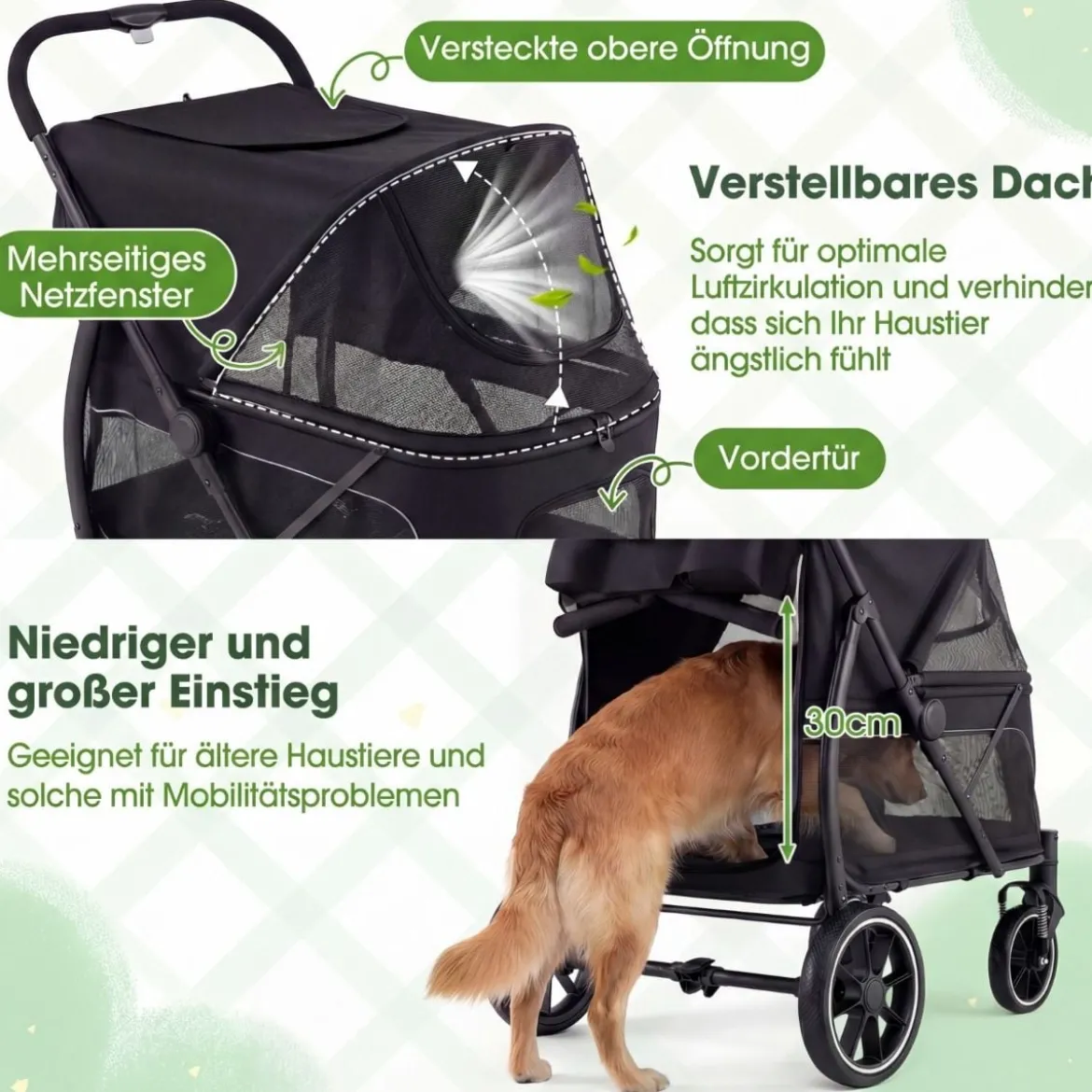 Hundebuggy faltbarer Hundewagen mit Geländereifen niedrigem Einstieg Schwarz