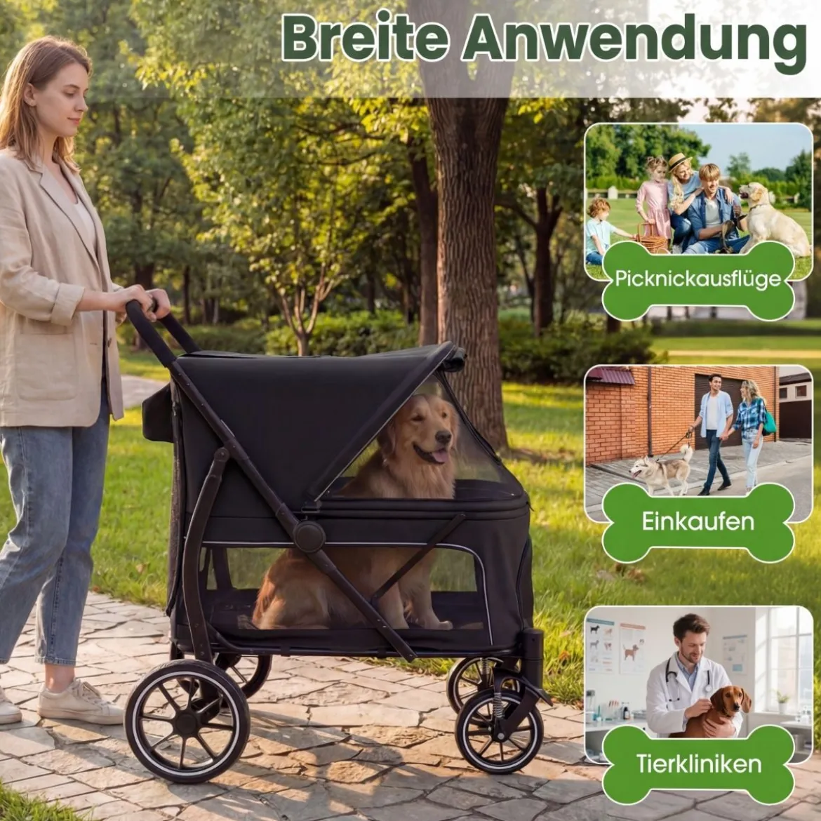 Hundebuggy faltbarer Hundewagen mit Geländereifen niedrigem Einstieg Schwarz