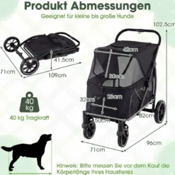 Hundebuggy faltbarer Hundewagen mit Geländereifen niedrigem Einstieg Schwarz