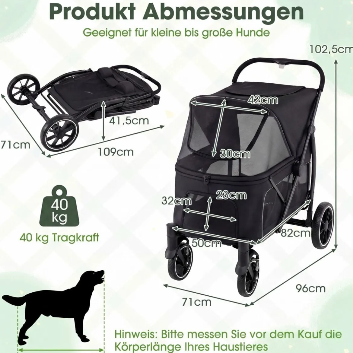 Hundebuggy faltbarer Hundewagen mit Geländereifen niedrigem Einstieg Schwarz