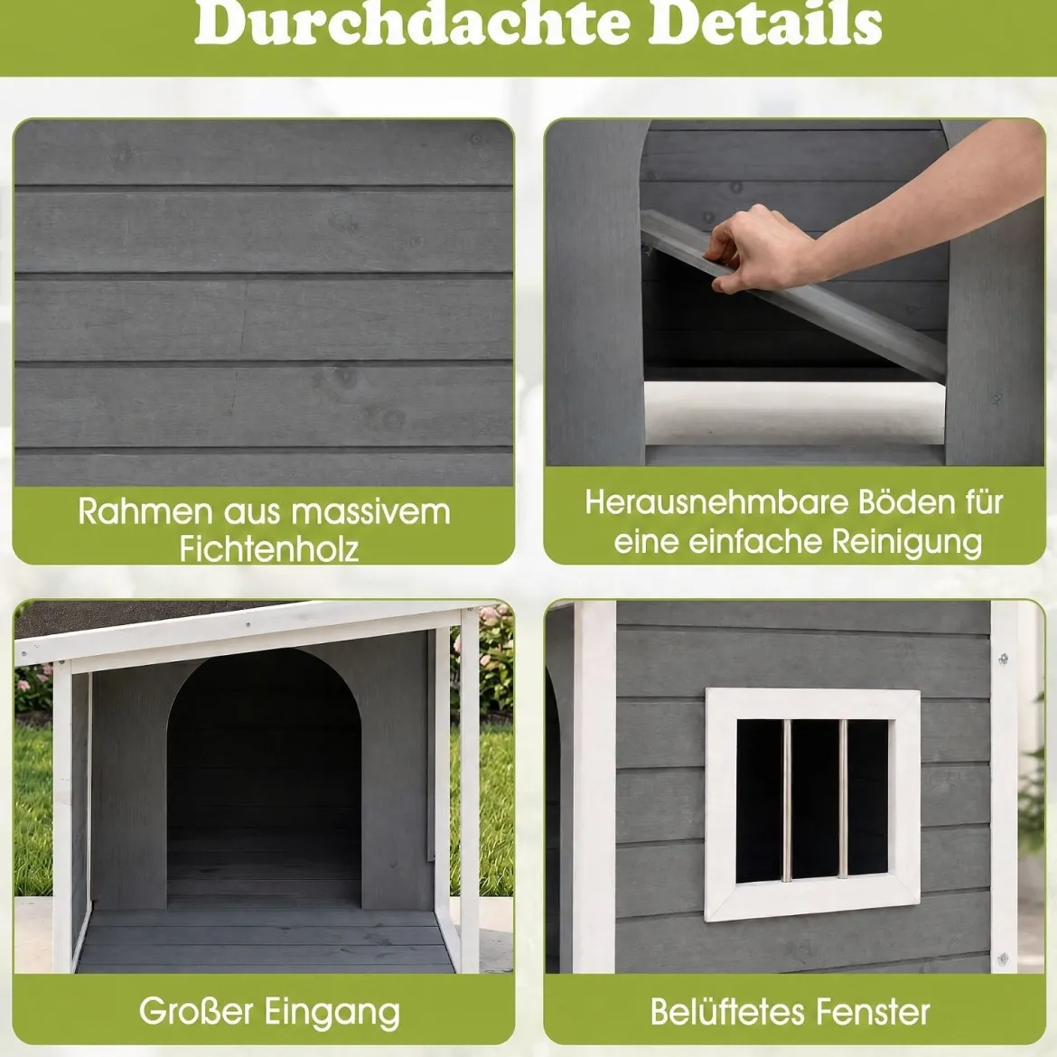 Hundehütte aus Holz mit Überdachter Veranda & Wetterfeste Asphaltdach 86 x 63 x 60 cm Grau