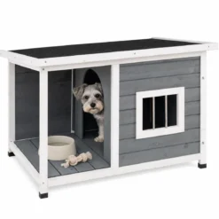 Hundehütte aus Holz mit Überdachter Veranda & Wetterfeste Asphaltdach 86 x 63 x 60 cm Grau