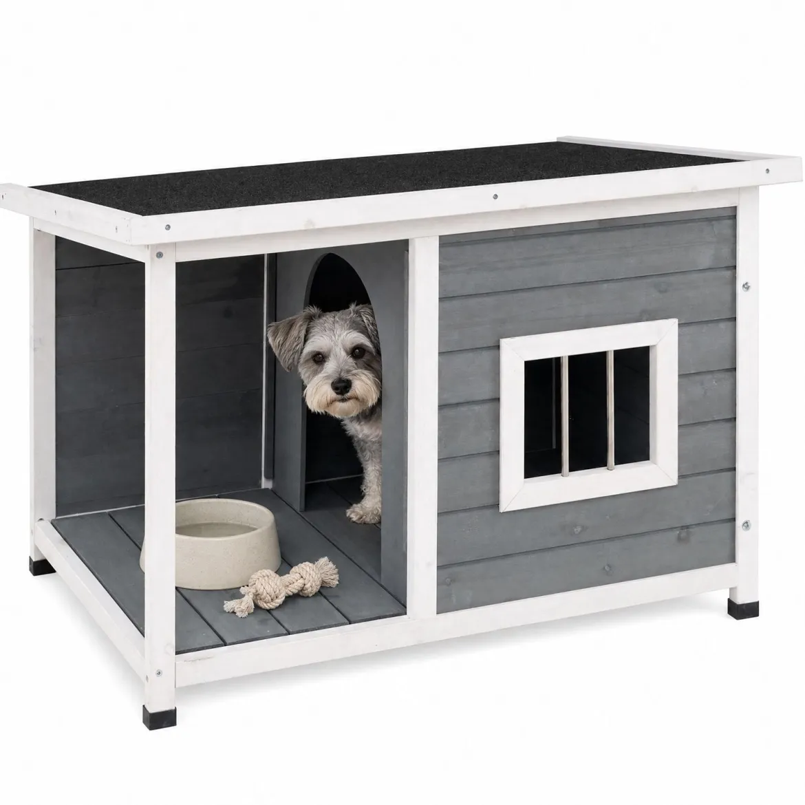 Hundehütte aus Holz mit Überdachter Veranda & Wetterfeste Asphaltdach 86 x 63 x 60 cm Grau