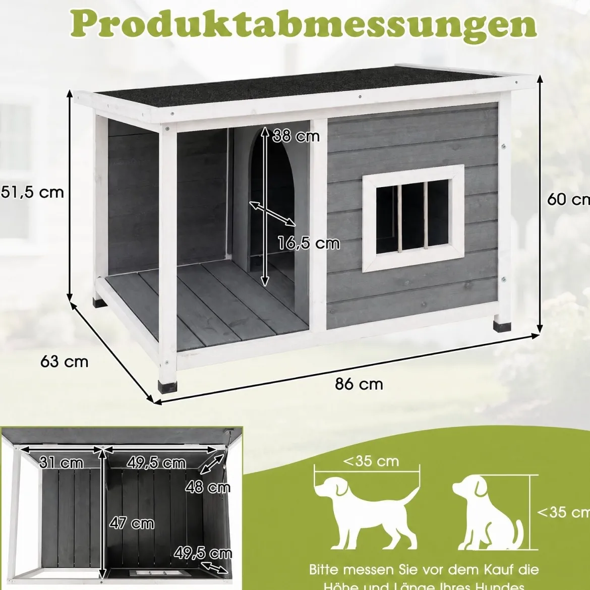 Hundehütte aus Holz mit Überdachter Veranda & Wetterfeste Asphaltdach 86 x 63 x 60 cm Grau