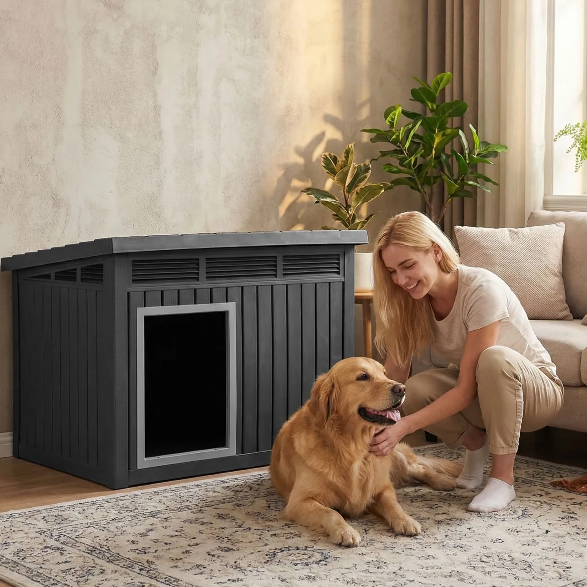 Hundehütte für Indoor & Outdoor Wetterfestes Hundehaus mit Aufklappbarem Schrägdach