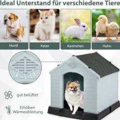 Hundehütte Hundehaus aus Kunststoff Hundehöhle mit Erhöhtem Boden & Wasserfestem Dach Grau