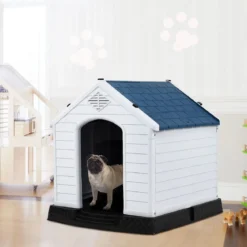 Hundehütte Hundehaus Hundehöhle mit Erhöhtem Boden Blau und Weiß