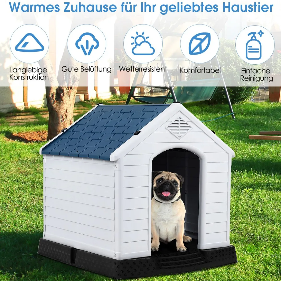Hundehütte Hundehaus Hundehöhle mit Erhöhtem Boden Blau und Weiß