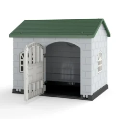 Hundehütte Kunststoff wetterfester Hundehaus mit abschließbarer Tür 3 Fenstern & Schrägdach für kleine Hunde Katzen