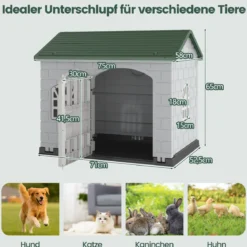 Hundehütte Kunststoff wetterfester Hundehaus mit abschließbarer Tür 3 Fenstern & Schrägdach für kleine Hunde Katzen