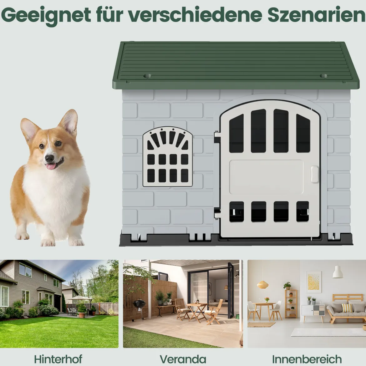 Hundehütte Kunststoff wetterfester Hundehaus mit abschließbarer Tür 3 Fenstern & Schrägdach für kleine Hunde Katzen
