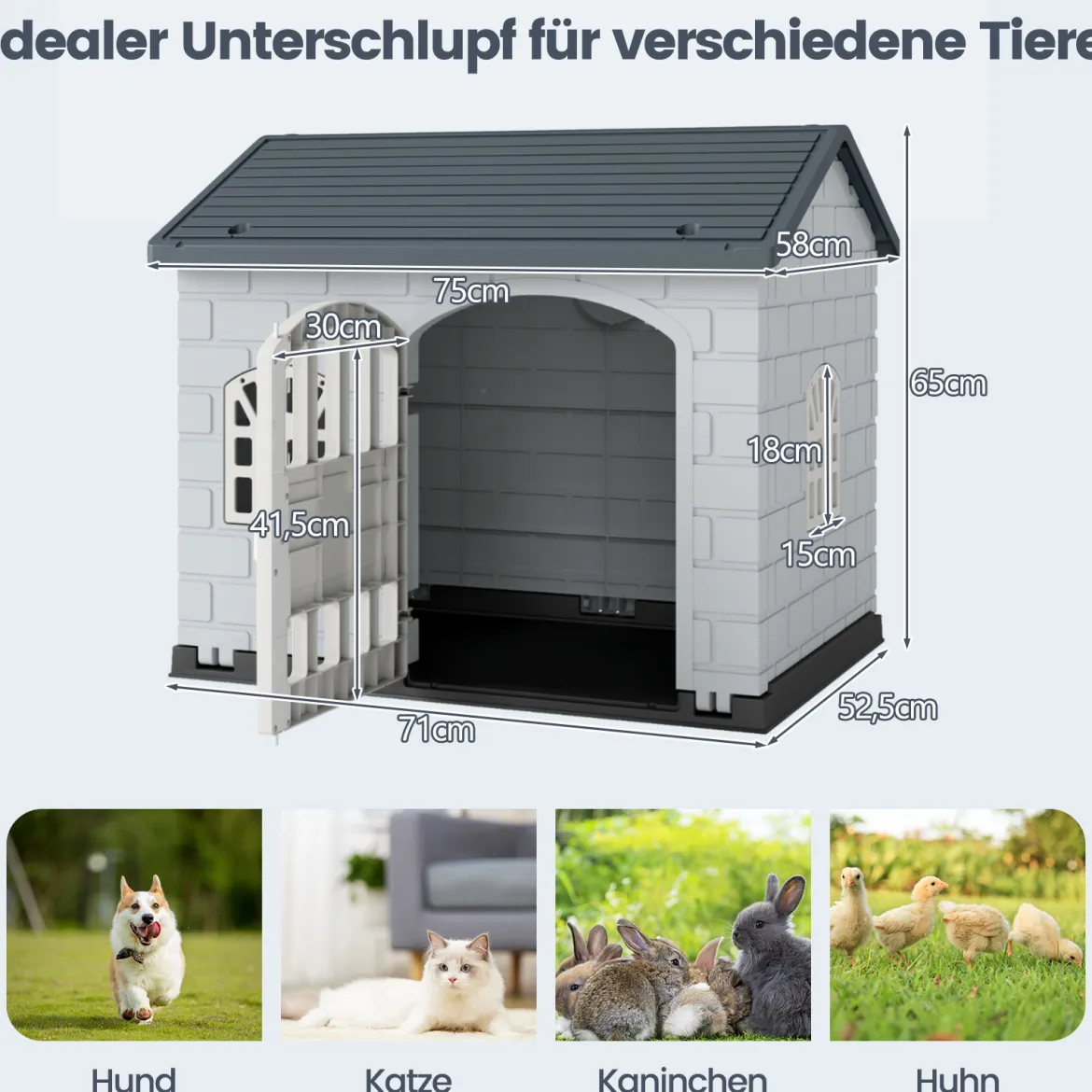Hundehütte Kunststoff wetterfester Hundehaus mit abschließbarer Tür 3 Fenstern & Schrägdach für kleine Hunde Katzen