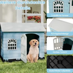 Hundehütte Kunststoff wetterfester Hundehaus mit abschließbarer Tür 3 Fenstern & Schrägdach für kleine Hunde Katzen
