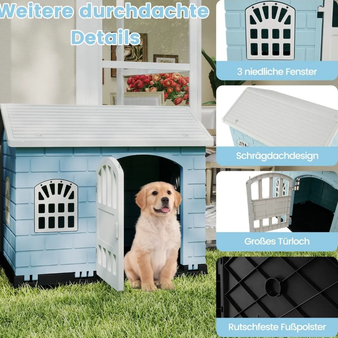 Hundehütte Kunststoff wetterfester Hundehaus mit abschließbarer Tür 3 Fenstern & Schrägdach für kleine Hunde Katzen