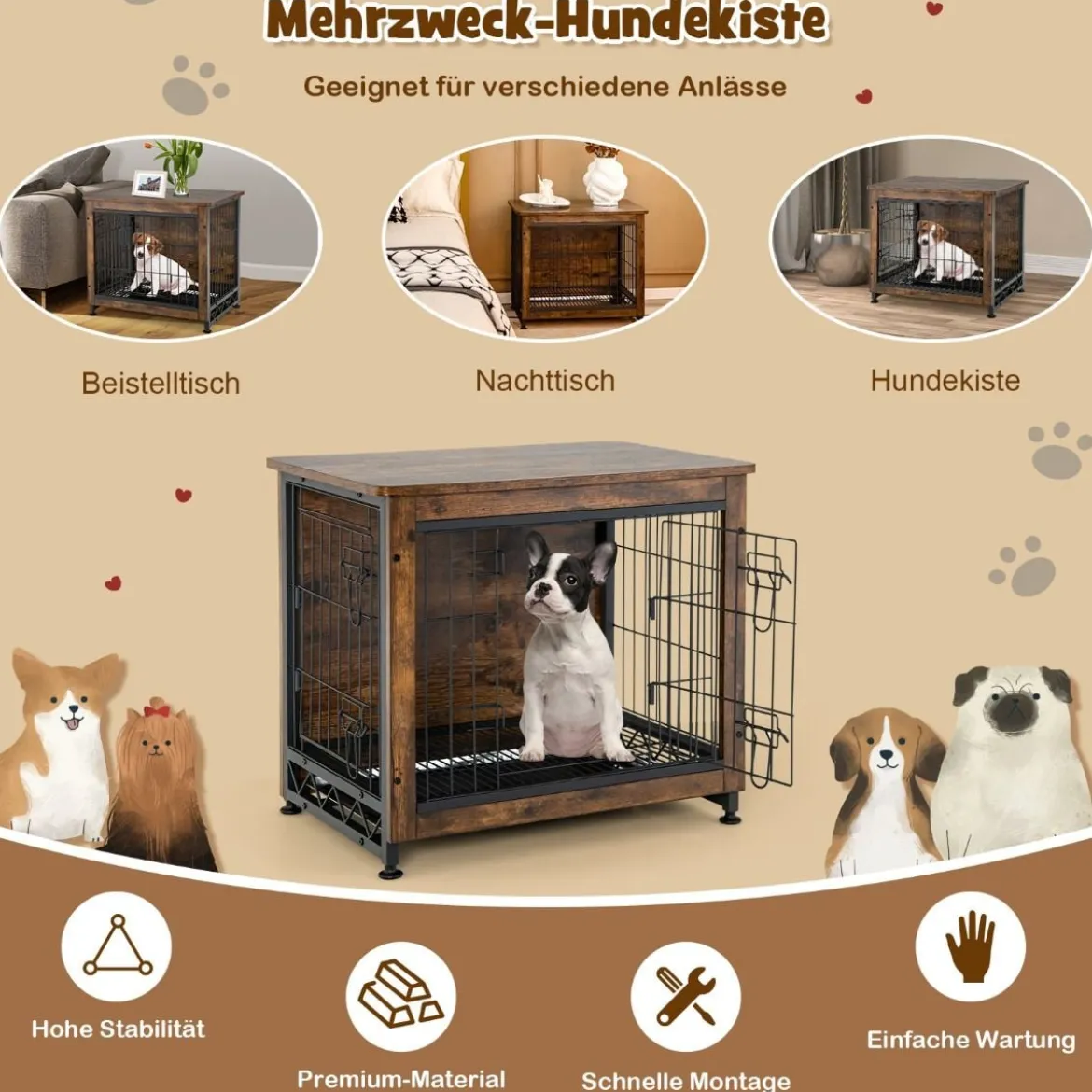Hundekäfig Hundebox aus Holz mit Doppeltüren Dekorativer Haustierkäfig 69 x 47 x 61 cm Braun