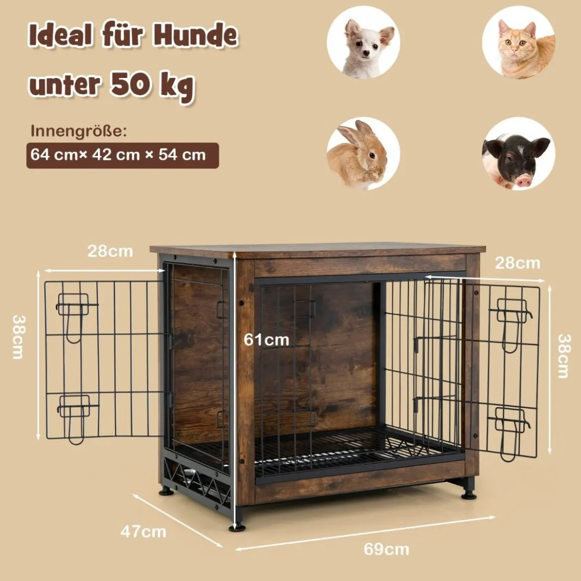 Hundekäfig Hundebox aus Holz mit Doppeltüren Dekorativer Haustierkäfig 69 x 47 x 61 cm Braun