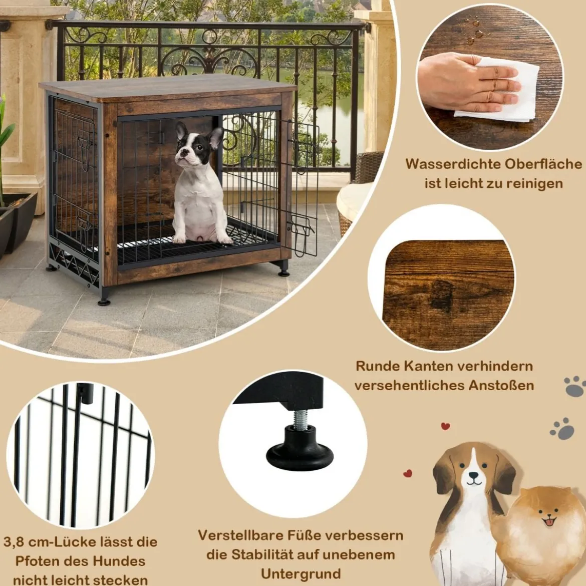 Hundekäfig Hundebox aus Holz mit Doppeltüren Dekorativer Haustierkäfig 69 x 47 x 61 cm Braun