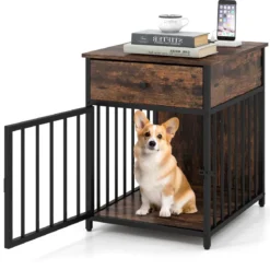 Hundekäfig Möbel Hundebox für Zuhause mit Ladestation Tür Schublade & Metallrohren Braun