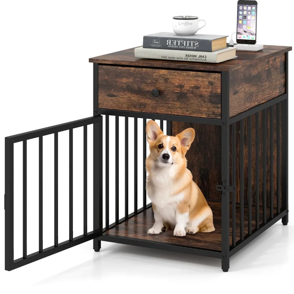 Hundekäfig Möbel Hundebox für Zuhause mit Ladestation Tür Schublade & Metallrohren Braun