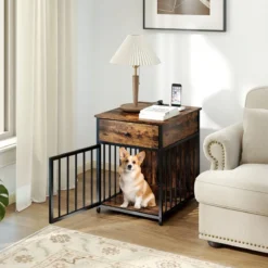 Hundekäfig Möbel Hundebox für Zuhause mit Ladestation Tür Schublade & Metallrohren Braun